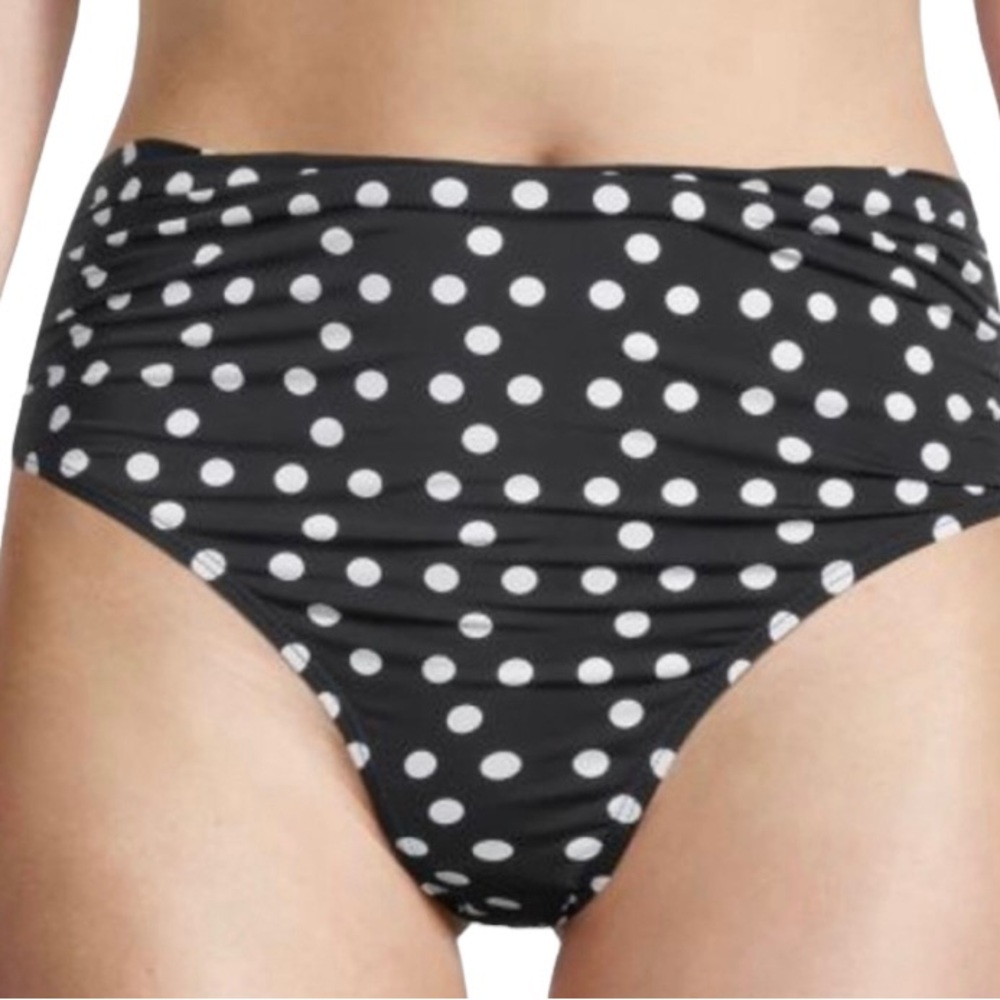 tahari Black with White Dots Ruched Bikini Bottom L